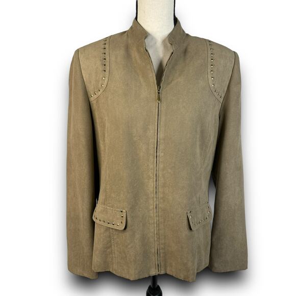 Alfred Dunner Lightweight Faux Suede Jacket Studded Zipper Front Tan Size 10 - Picture 5 of 9
